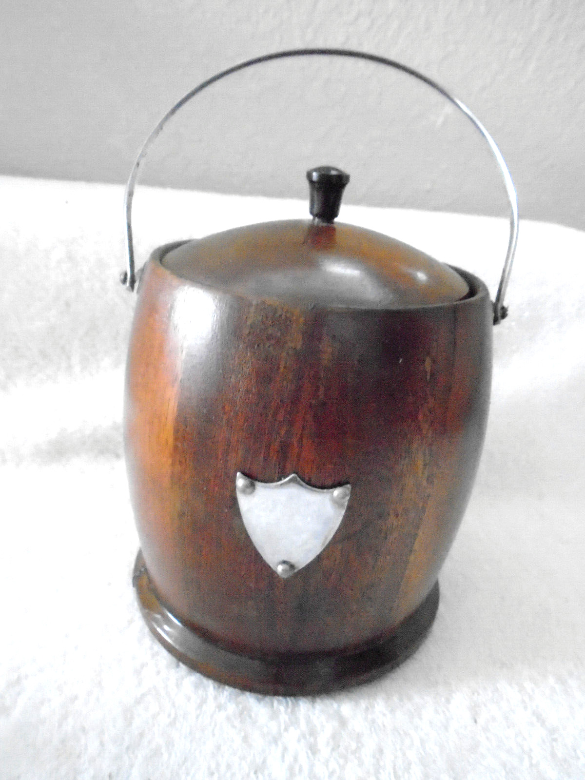 Vintage Mahogany Biscuit Barrel with Porcelain Lining Crome Plate 1930\'s