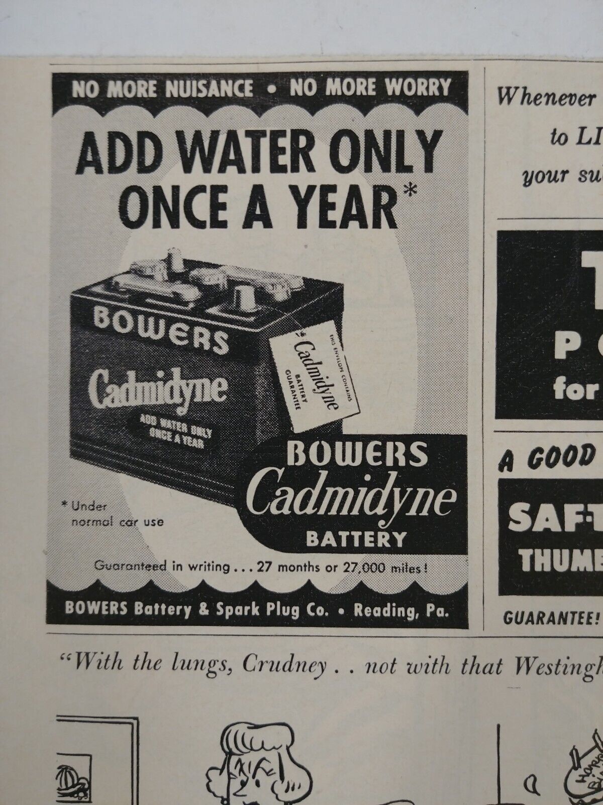 1952 Print Ads w/ Cartoon Bowers Cadmidyne Battery Life Magazine Advertising