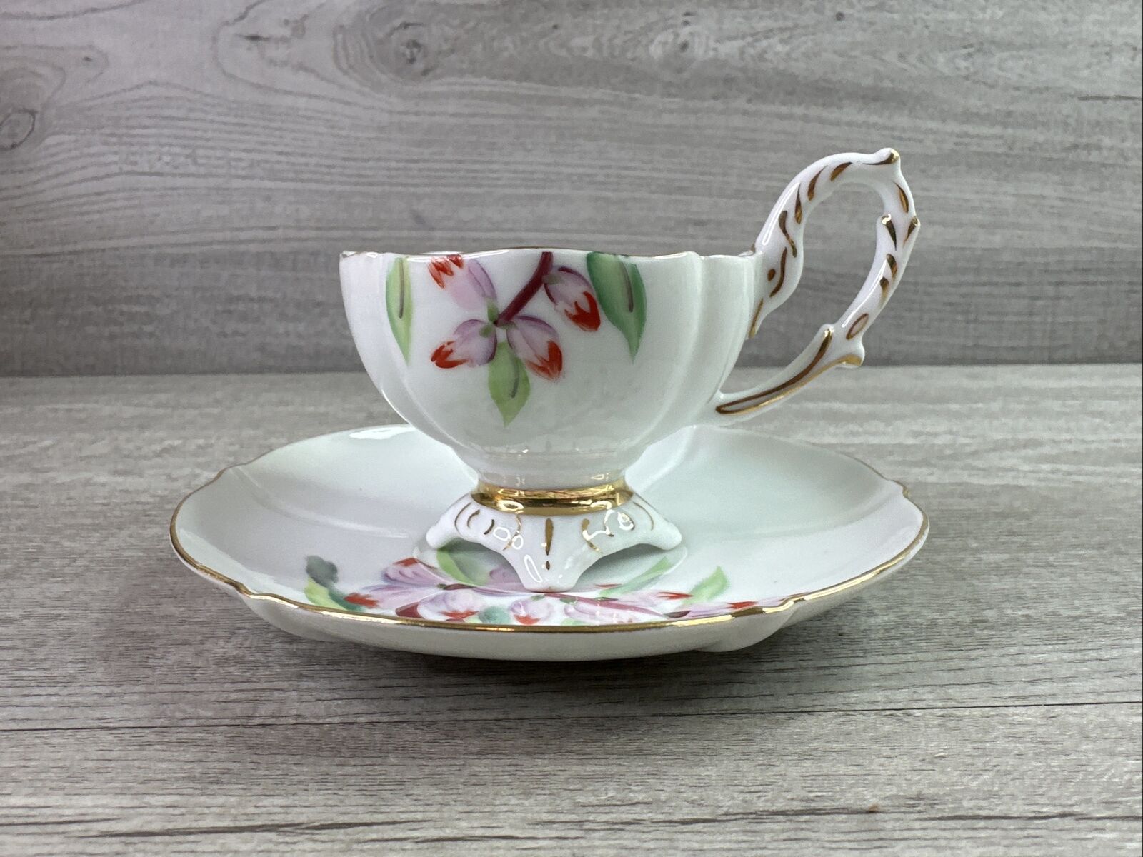 Vintage Rossetti Shell Ginger Footed Teacup and Saucer Pink Red Floral Japan
