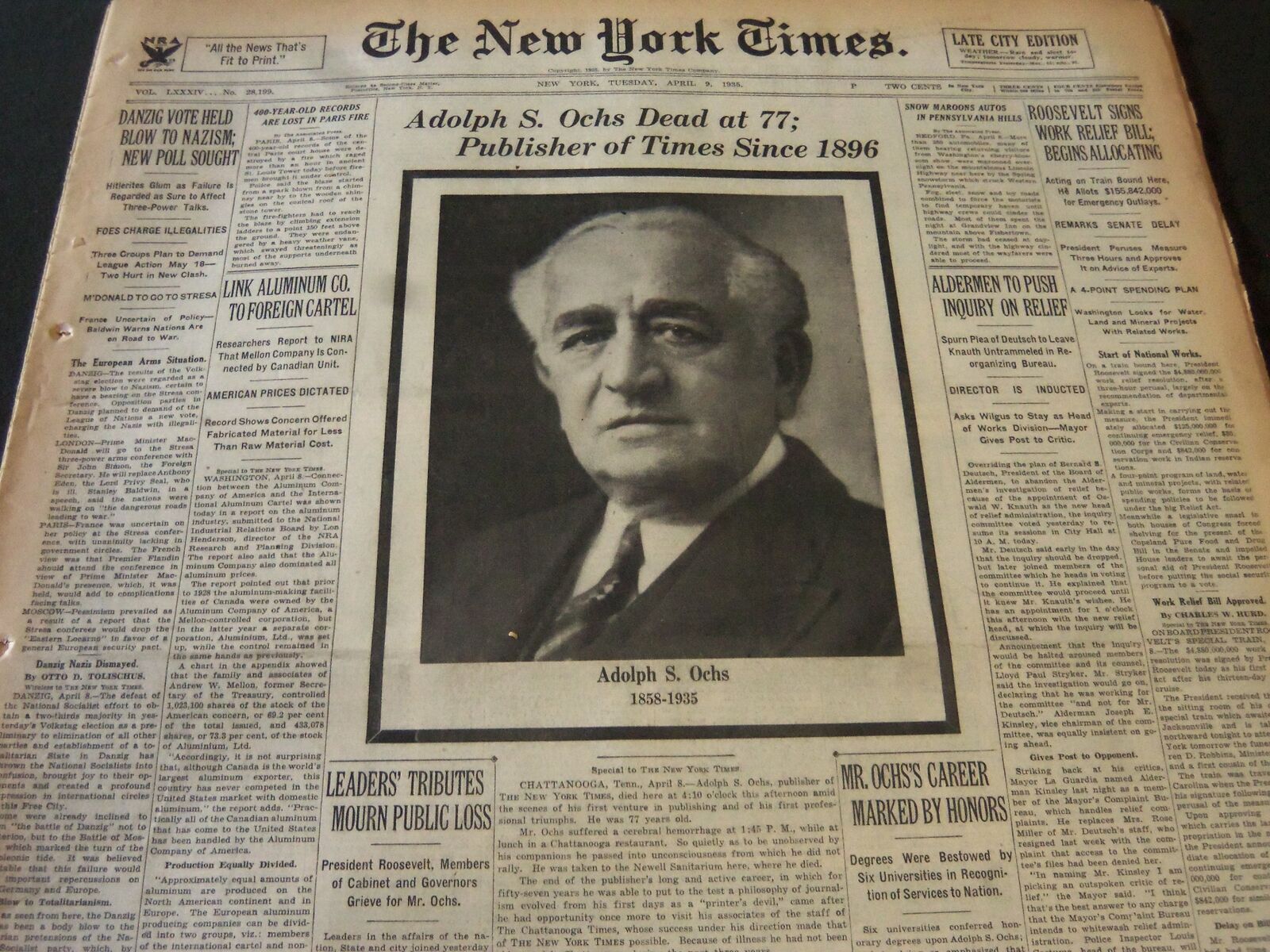 1935 APRIL 9 NEW YORK TIMES - ADOLPH S. OCHS DEAD AT 77 - NT 5915