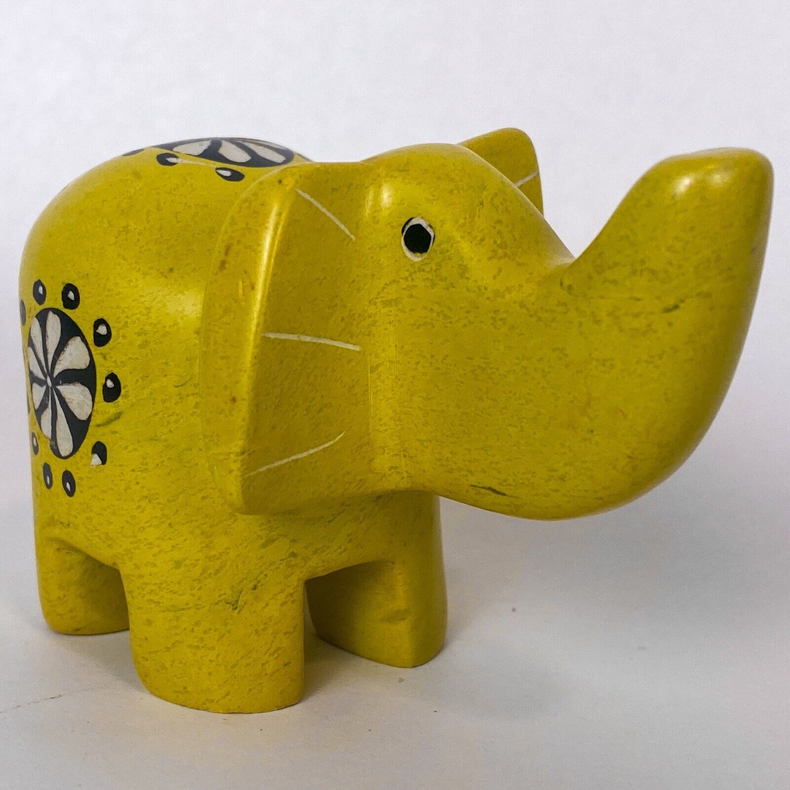 Hand Carved & Painted Soapstone Yellow Elephant Figurine Black White Floral