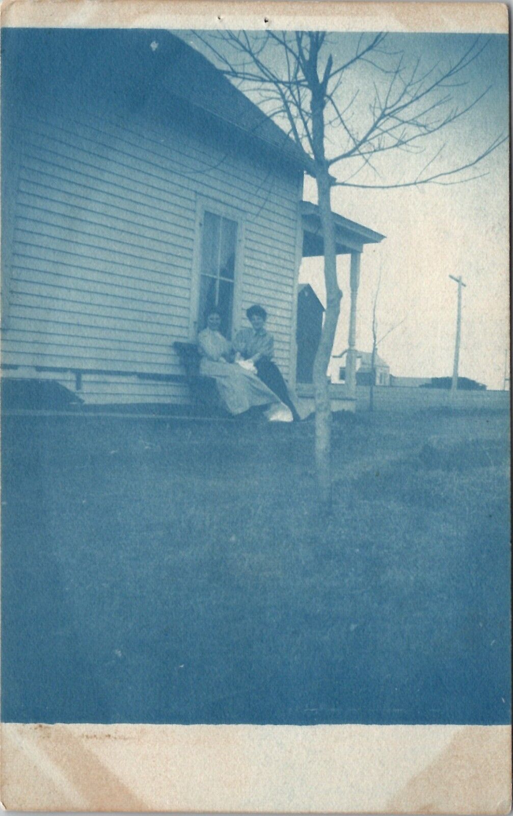 RPPC Cyanotype Women Ladies on Bench in Yard c1908 Photo Postcard W12