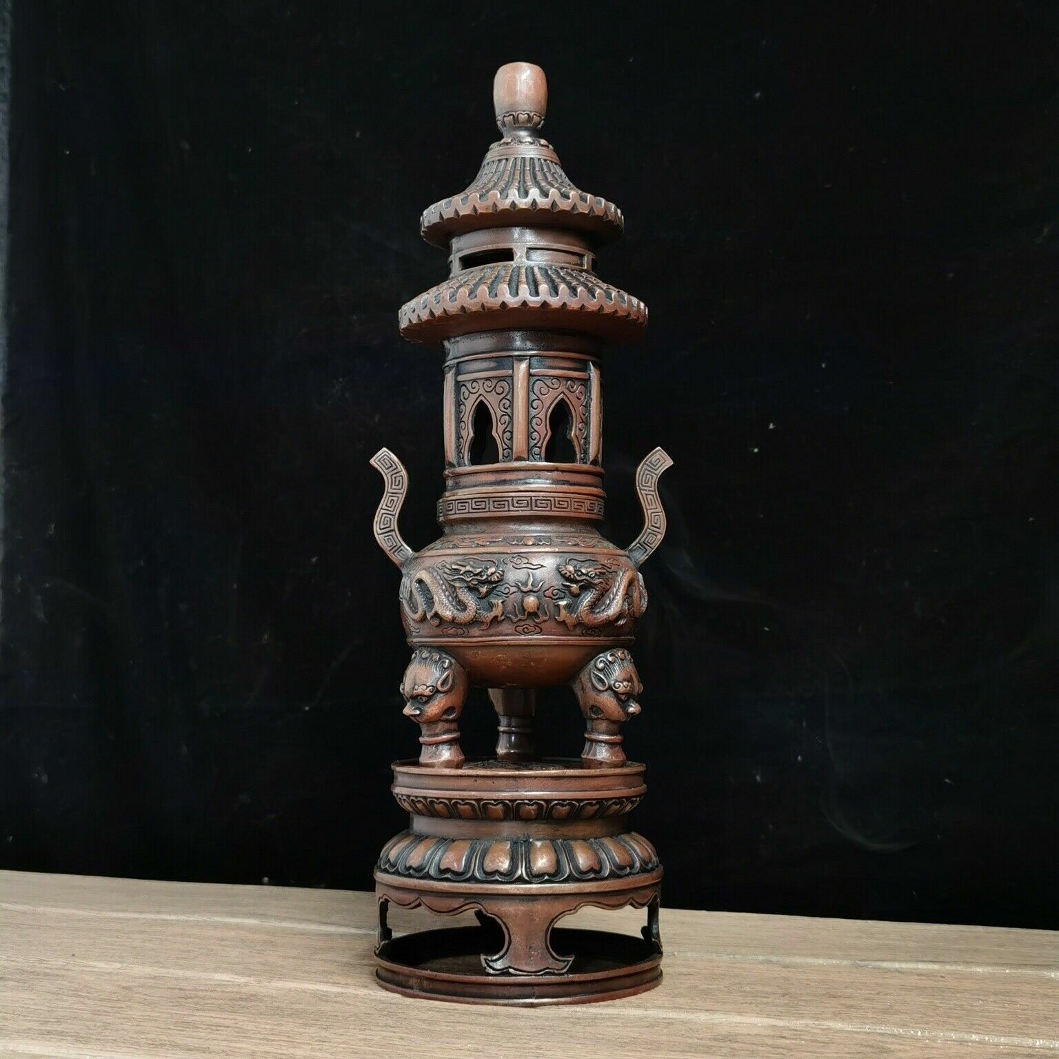 Chinese Rare Old red copper handmade  Ruyi Dragon incense burner