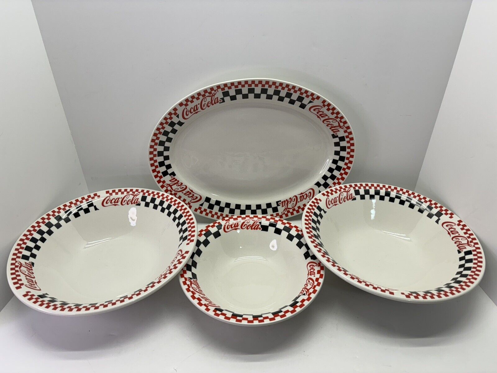 4 pc Coca-Cola Collectible Serving Set Gibson Checkered Pattern Platter & Bowls