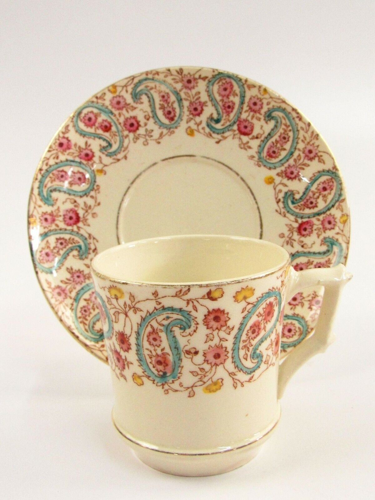 Antique French Porcelain Opaque de Gien Floral Paisley Cup and Saucer I010