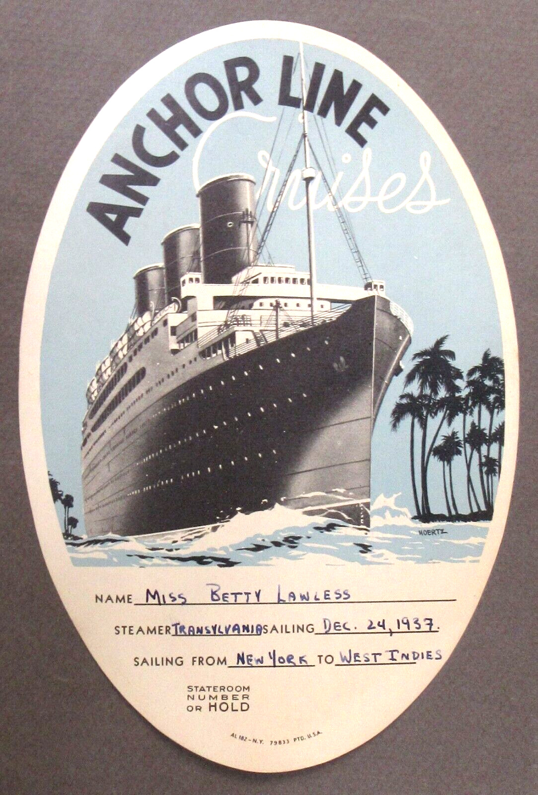 large 1937 ANCHOR LINE CRUISES New York to West Indies Luggage travel sticker wb