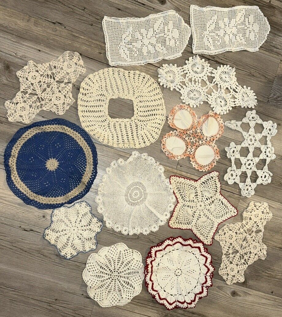 Vintage Lot of 14 Unusual HAND CROCHETED DOILIES, Cottage Retro