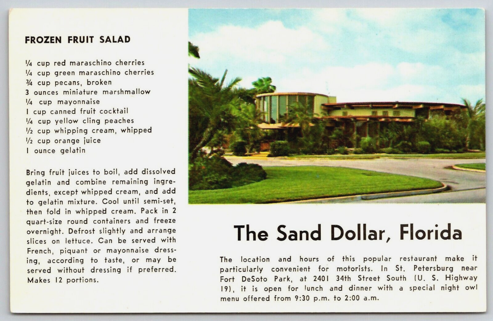Vintage Postcard - Frozen Fruit Salad Recipe - The Sand Dollar St. Petersburg FL