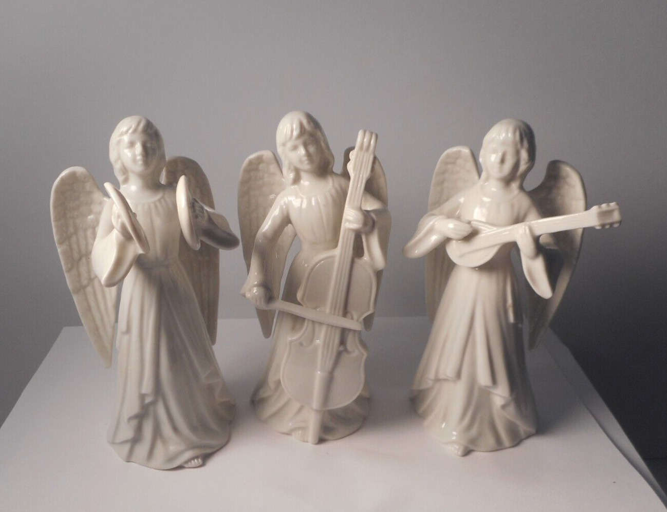 Vintage Three White Porcelain Angel Figurines Playing Instruments  Japan