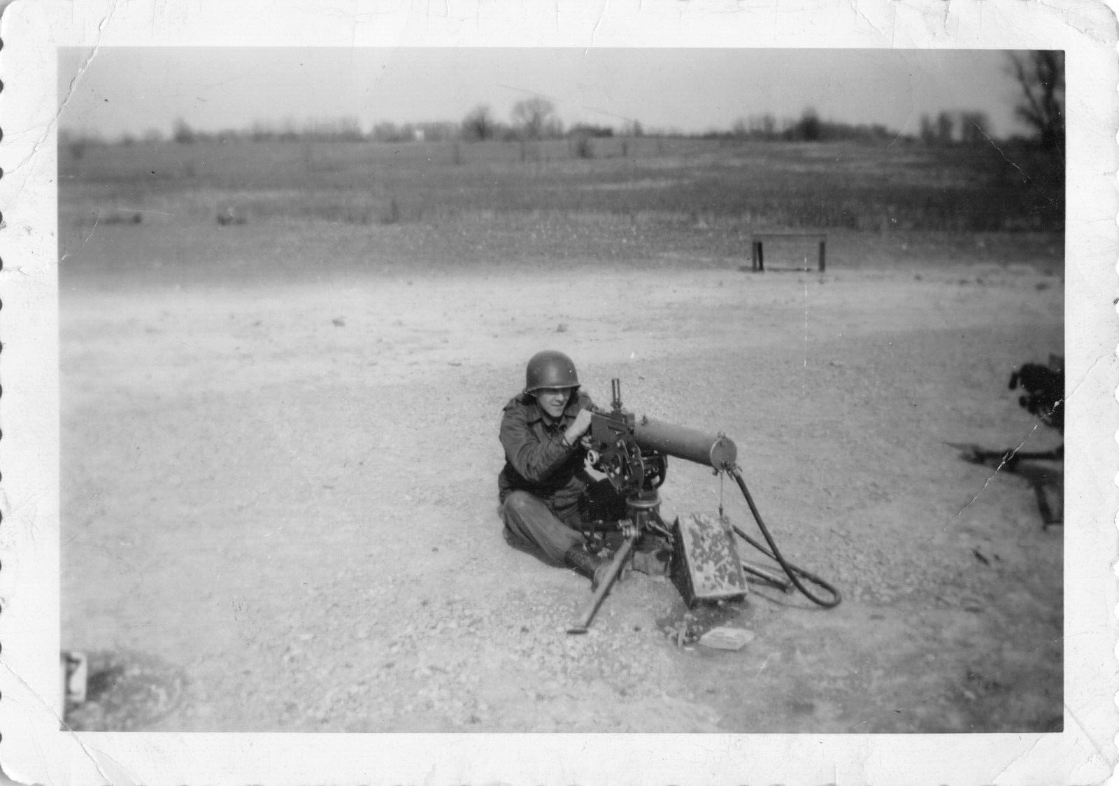 Military Man Aim Fires Browning Machine Gun 1953 Black White Snapshot Photograph