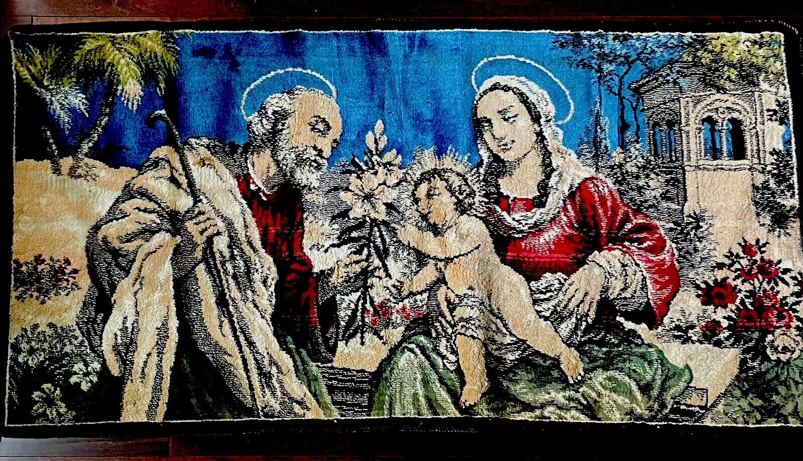 Vintage Velvet Tapestry Italy Holy Family Mary Baby Jesus Joseph Wall Hanging