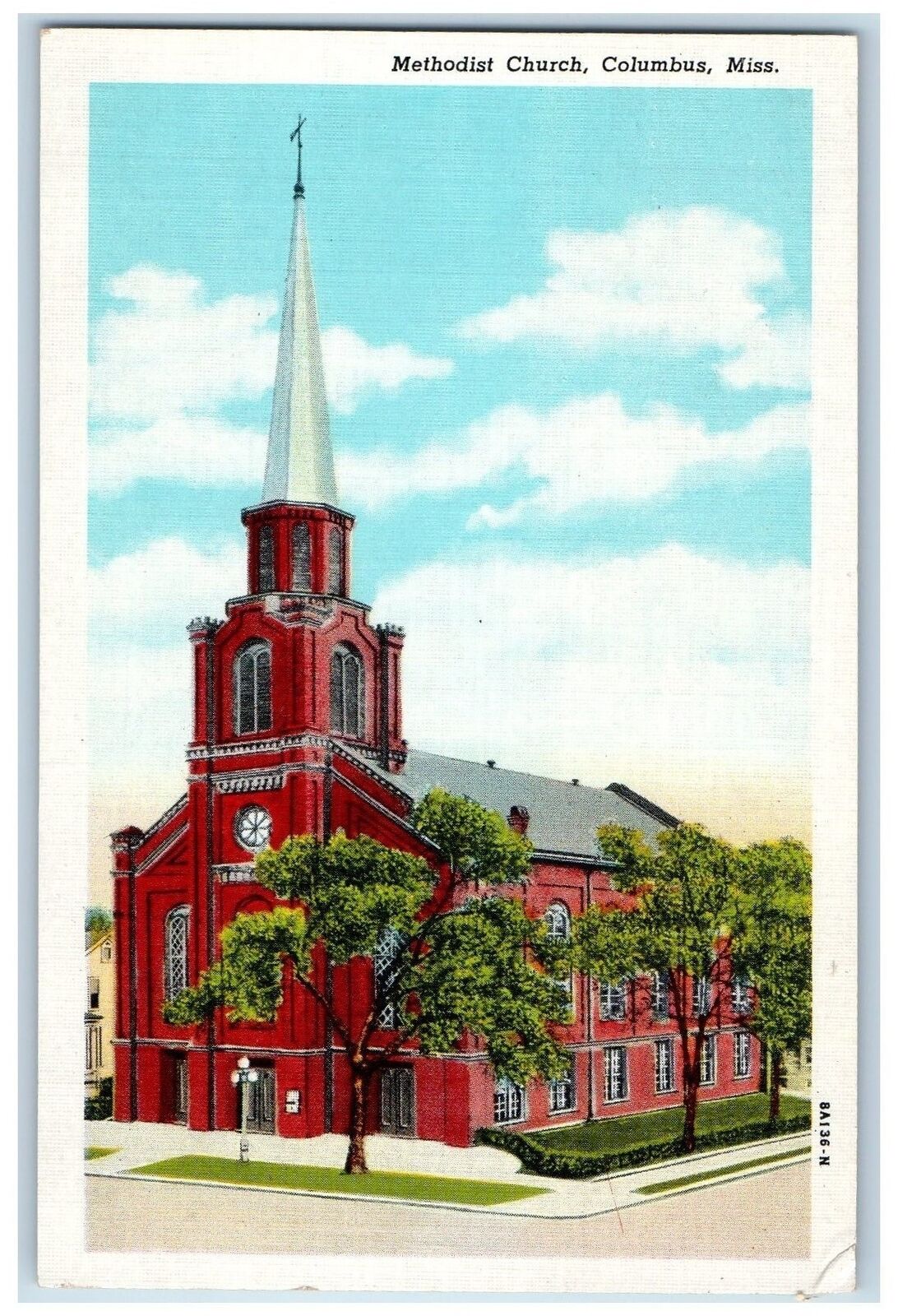 c1940's Methodist Church Exterior Roadside Columbus Mississippi MS Tree Postcard