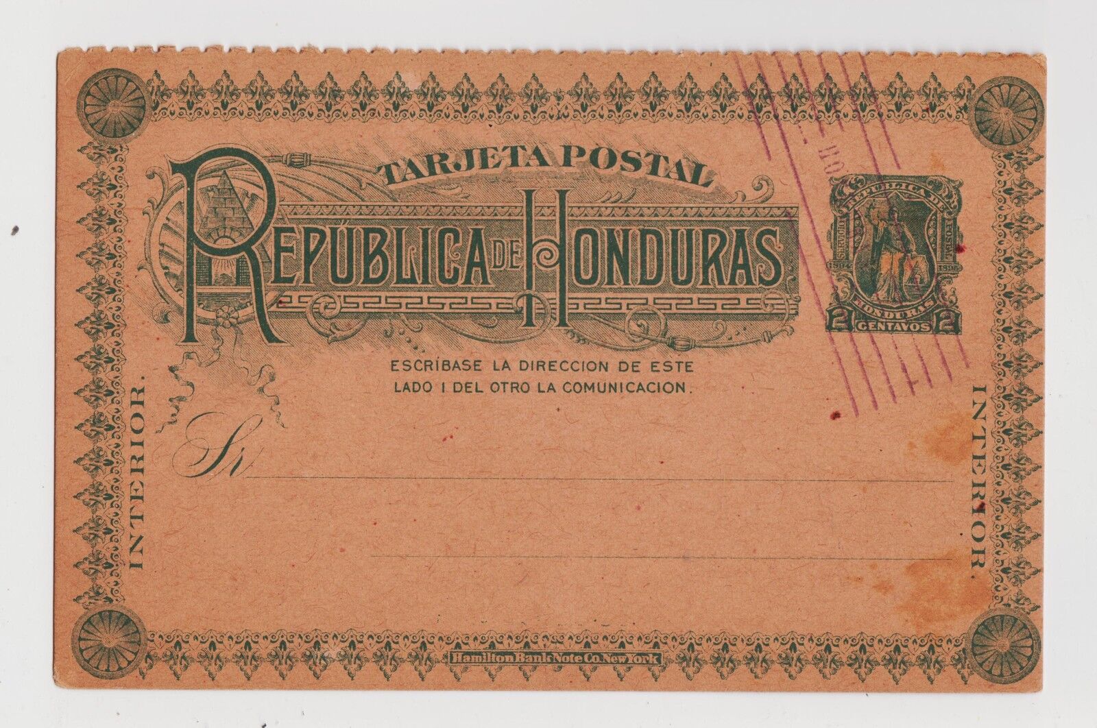 Republic of Honduras,C.A.Postal Card,Pre-Printed Honduras Stamp,Used,c.1904