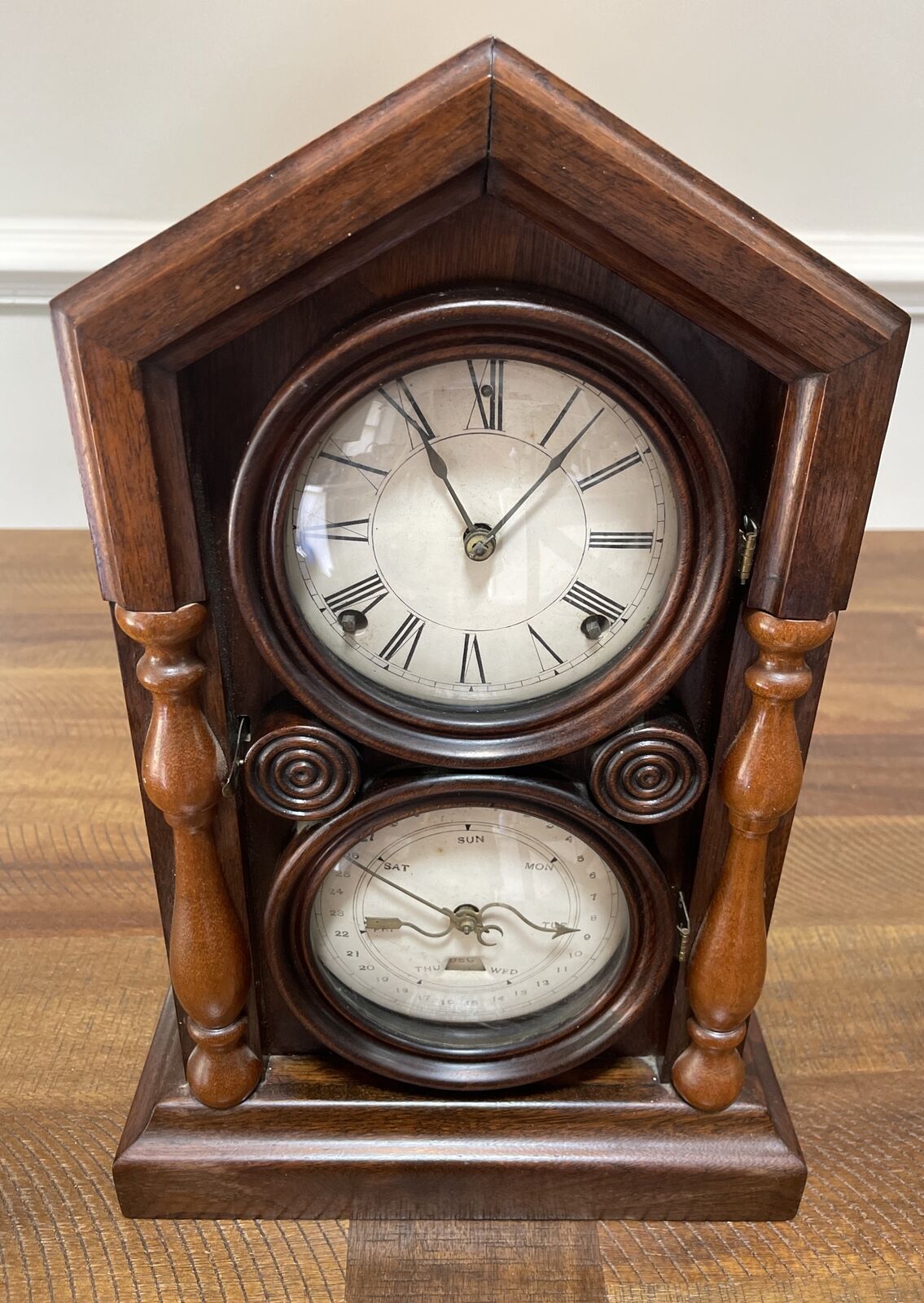 Antique Double Dial Calendar Clock Ornate Convex Glass Walnut Mantle Repair