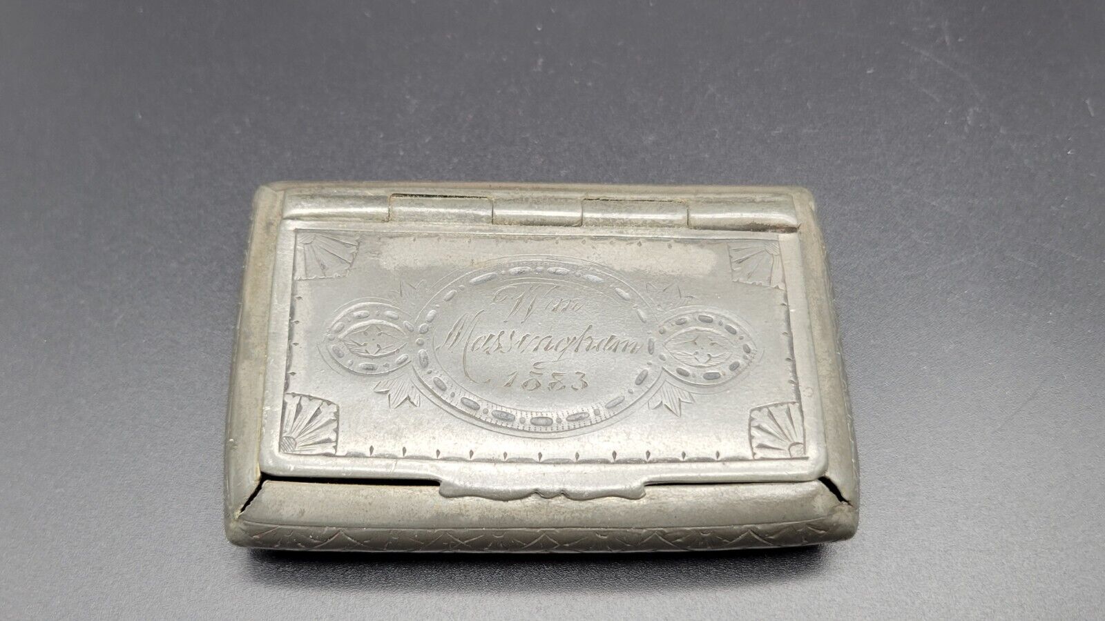 Antique 19th Century 1883 Engraved Pewter Snuff Box