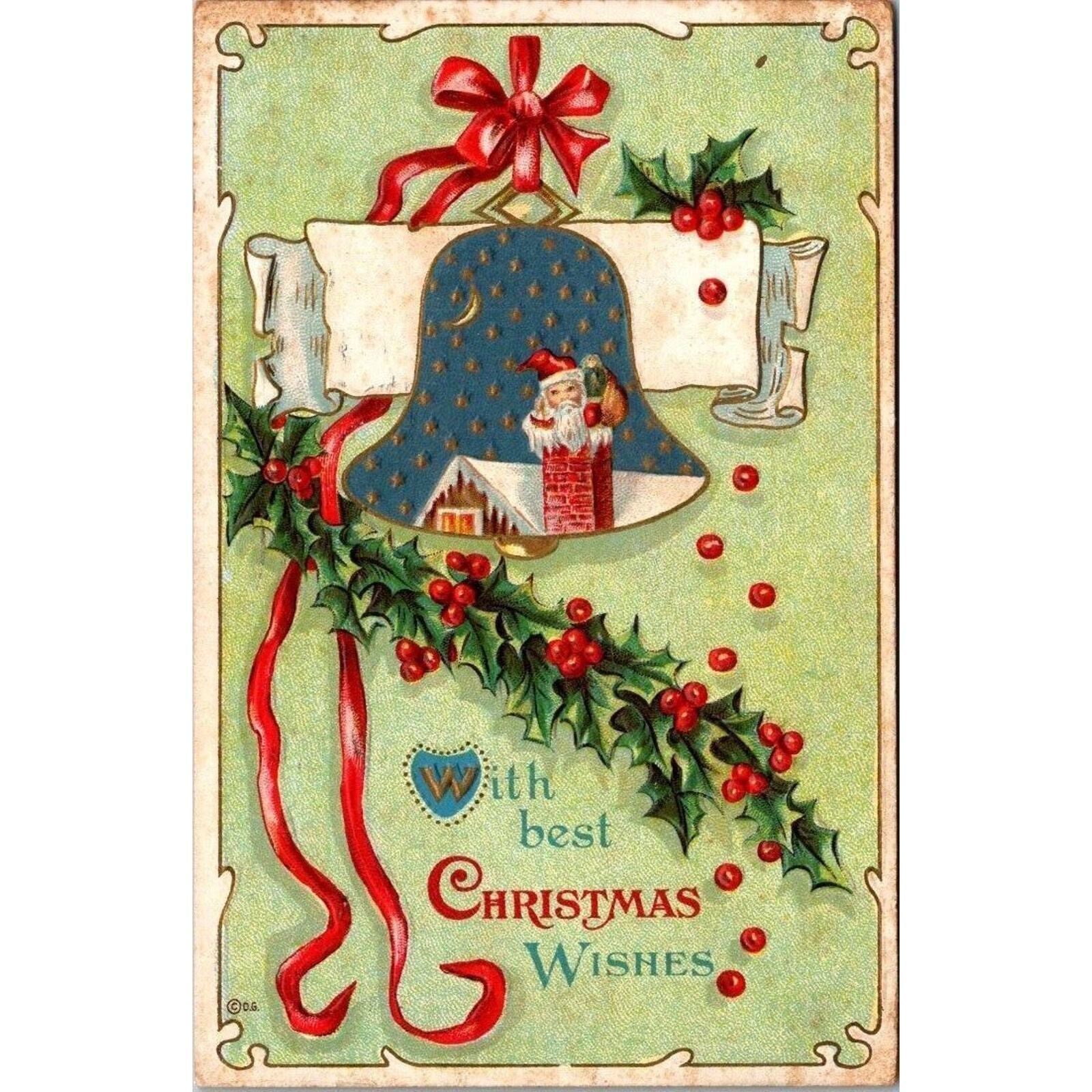 Vintage Holiday Postcard With Best Christmas Wishes Bell Santa Postmark 1911