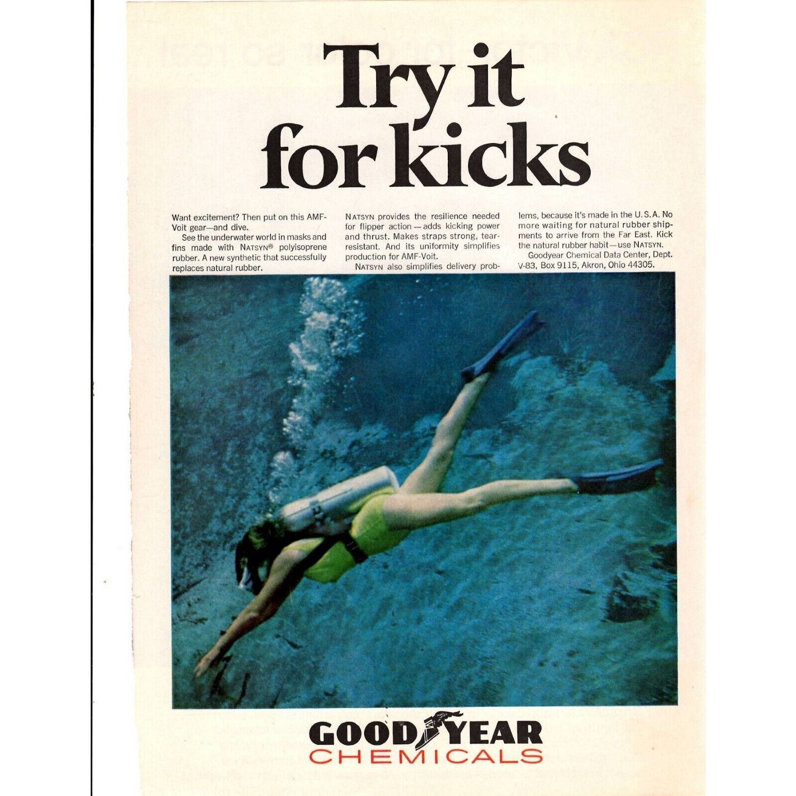 Goodyear Chemicals  Advertising Print Ad Vintage  AMF Voit Scuba Gear  Ocean