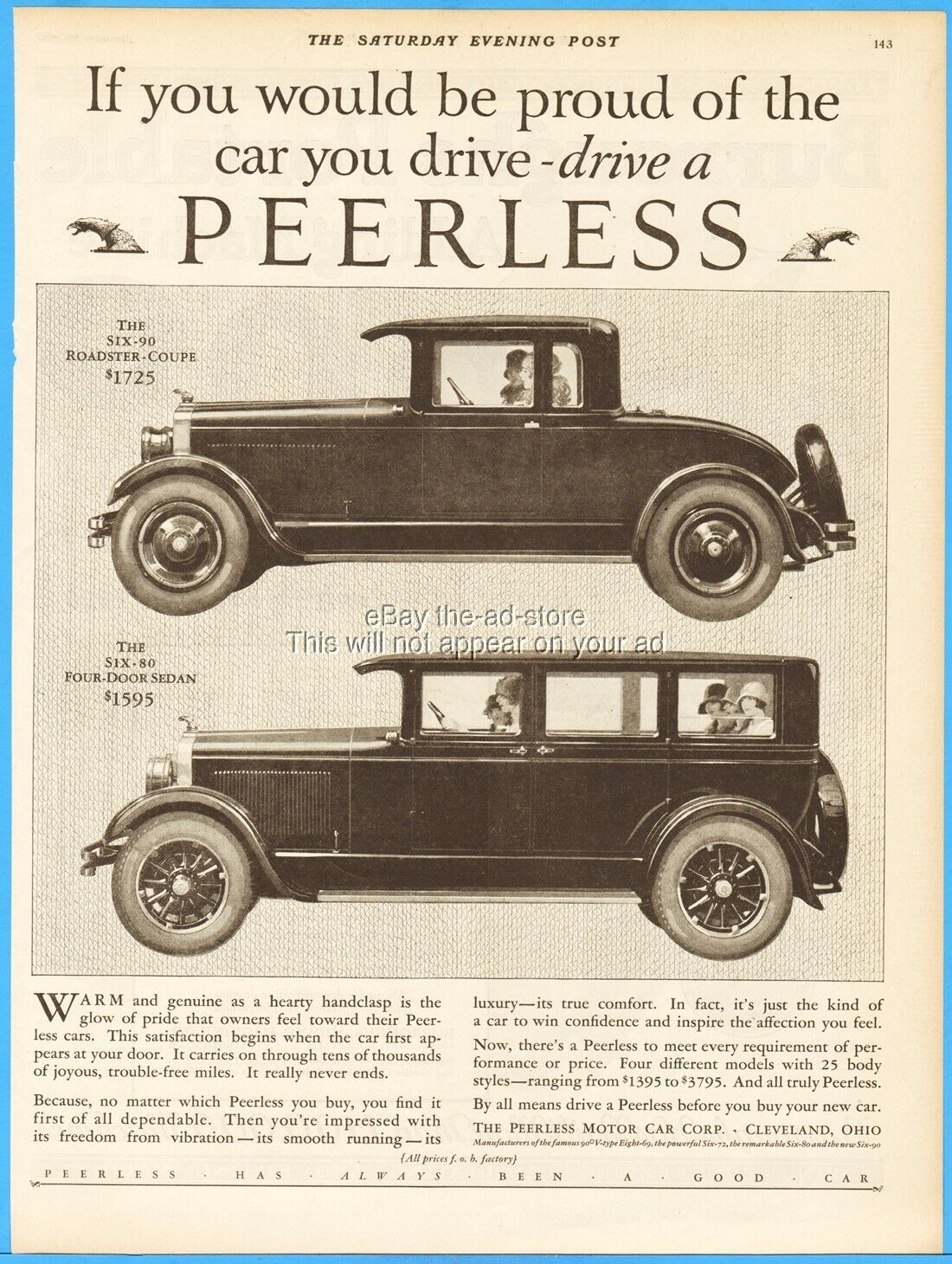1927 Peerless 6-90 Roadster Coupe Boattail 6-80 Sedan Cleveland OH Car Print Ad