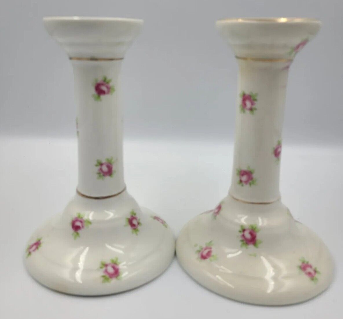 2- 1910’s ANTIQUE Empire Ware Roses PORCELAIN Candle Stick Holders 5.25”