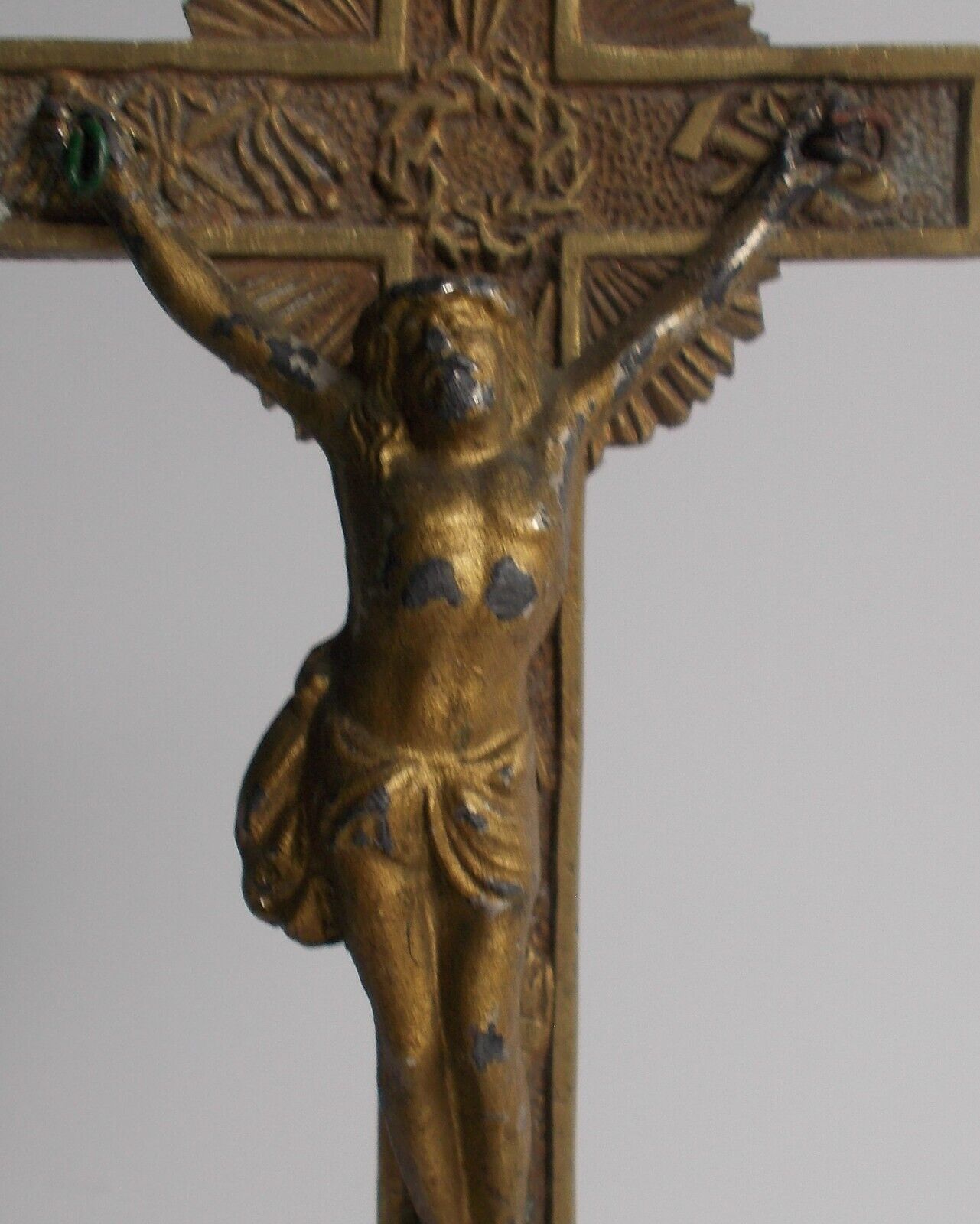 ANTIQUE FIRE GILDED METAL CRUCIFIX EARLY 18TH CENTURY ANGEL/DICE/..  10.51\