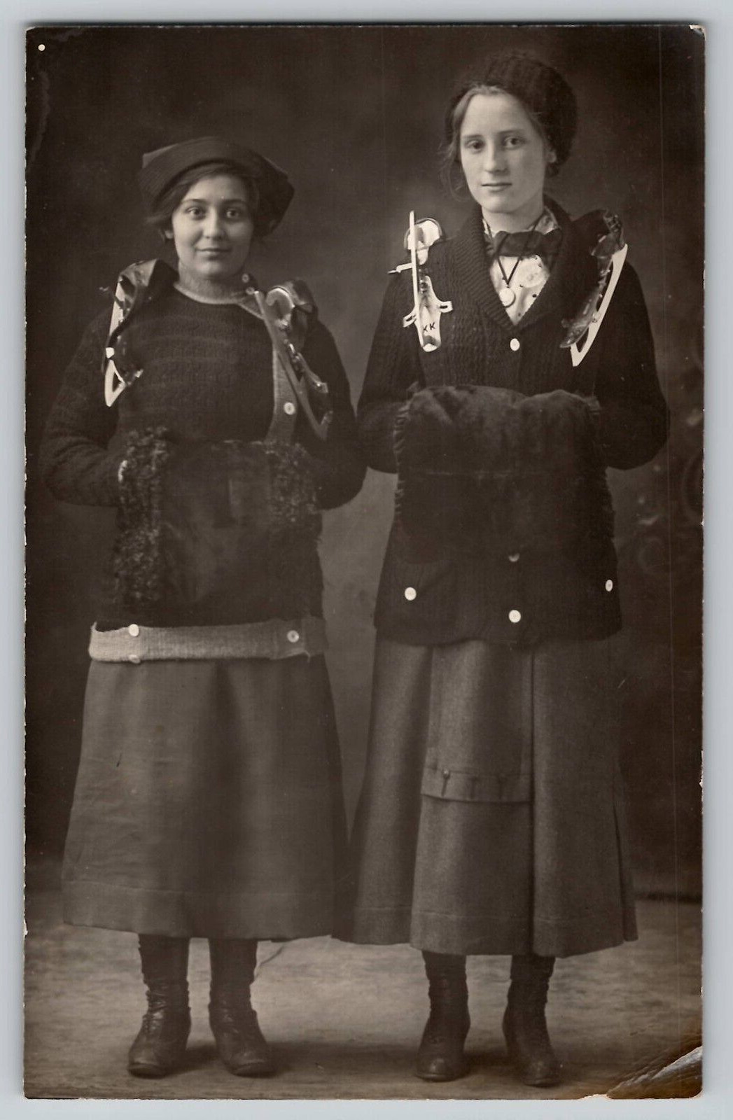 Two Young Ladies Girls Ice Skates Fur Muffs RPPC Studio Photo Postcard AZO 1910s