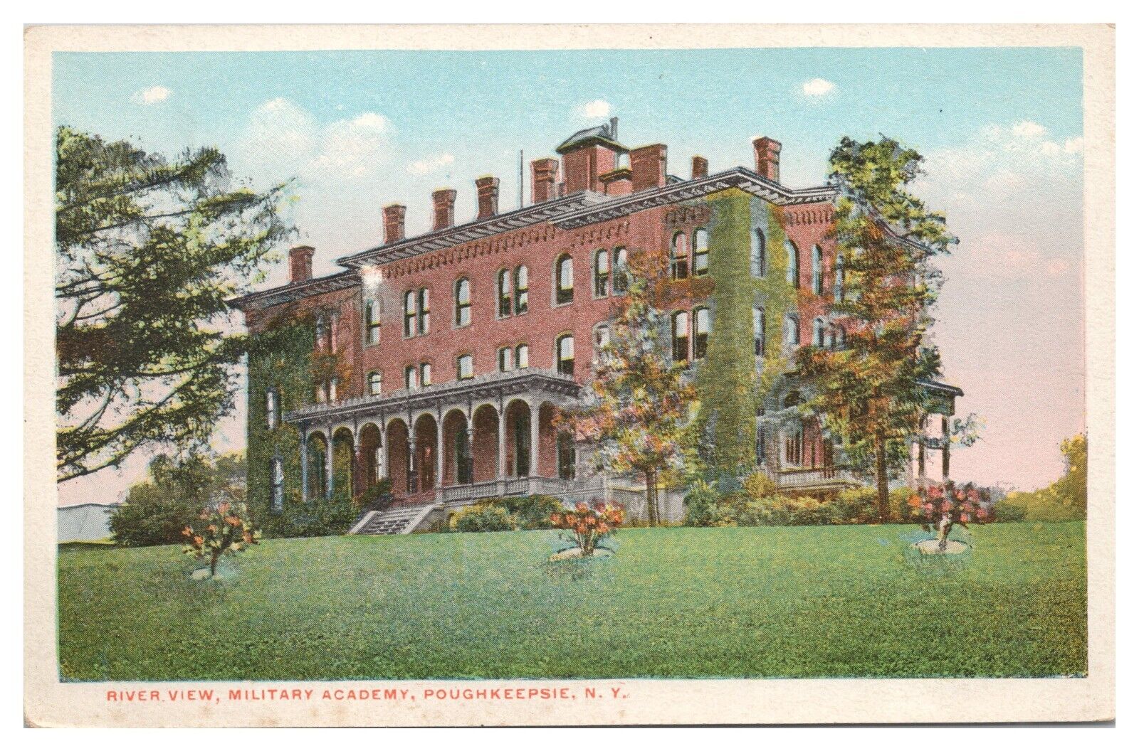 Vintage Poughkeepsie NY Postcard River View Military Academy White Border Unp.