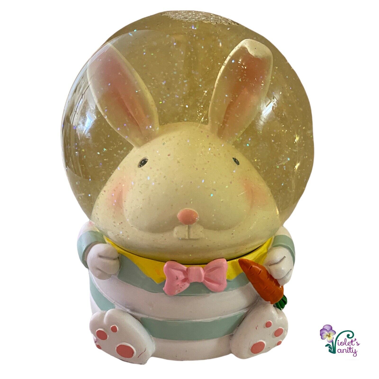 Easter Bunny Rabbit Snow Globe Big Bunny Head W/ Carrot Iridescent Glitter