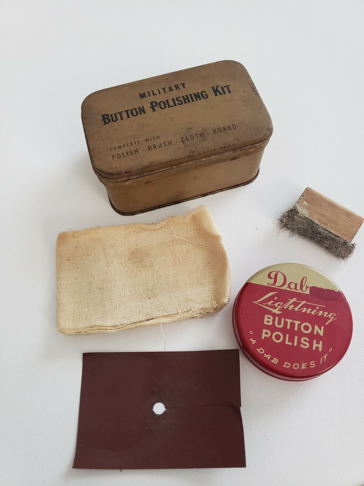 RARE WWI US Army Button Polishing Kit Complete TIN w/ brush, cloth, polish, +