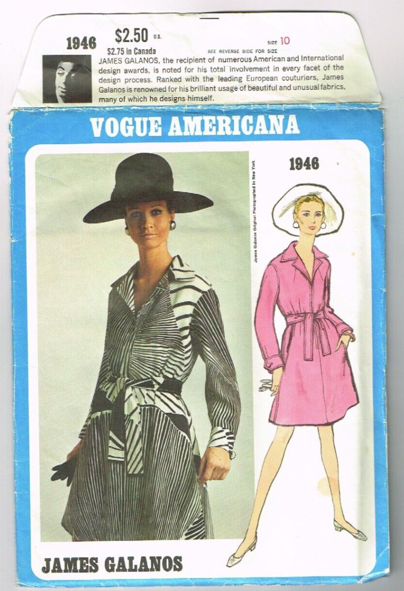 James Galanos Vogue Americana 1946 Shirtdress Pattern SZ 10 1960\'s Vintage Uncut