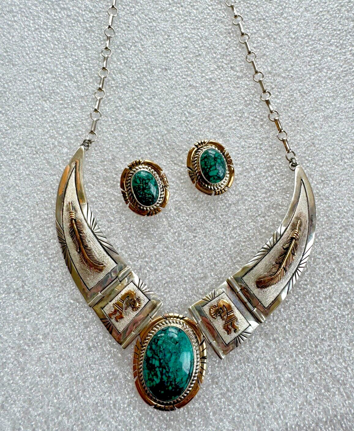 Charles Johnson Navajo Necklace Earrings Sterling Gold Filled Dancers Oval Stone