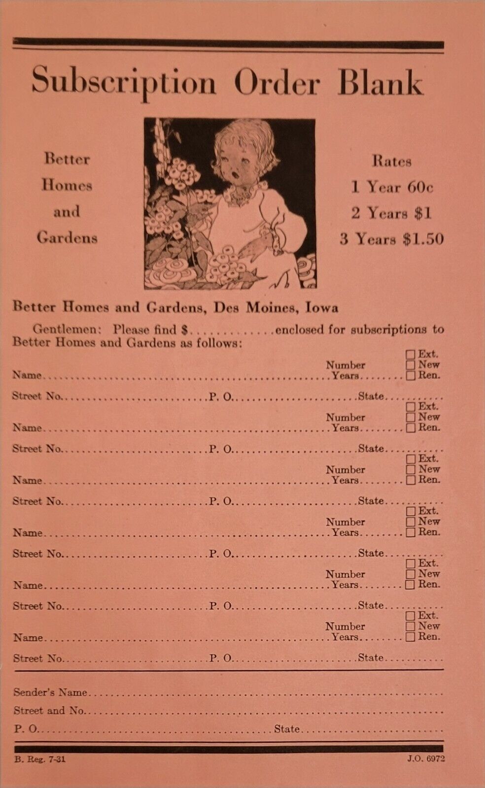 1931 BHG Subscription Order Blank W Pic Young Girl & Flowers Rates Vtg Print Ad 