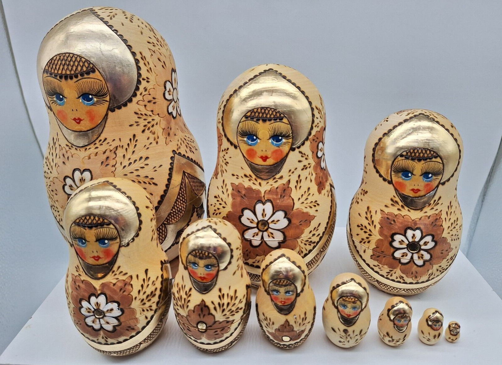 Matryoshka 10 Nesting Dolls Hand Painted Foiled Wood Burned Signed Vintage