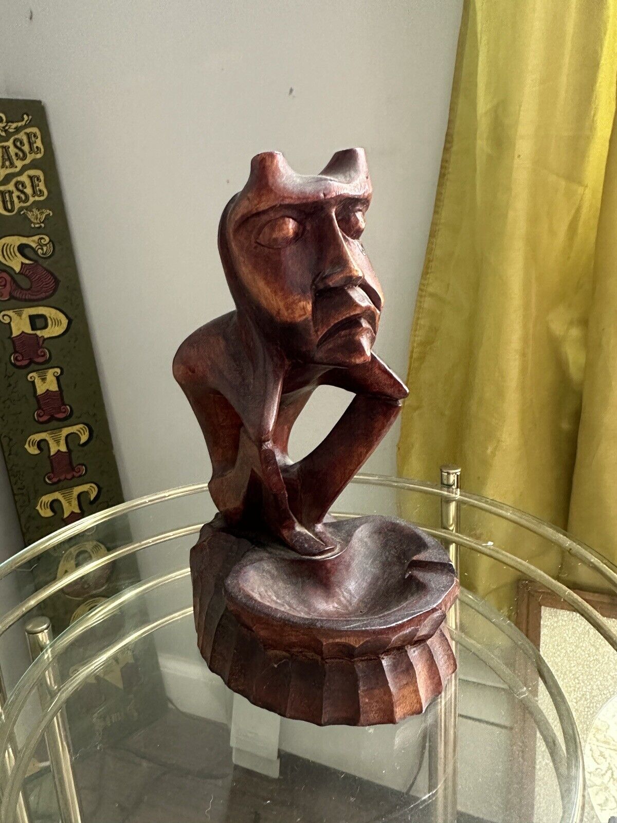 Carved Wooden Ashtray Statue — Vintage