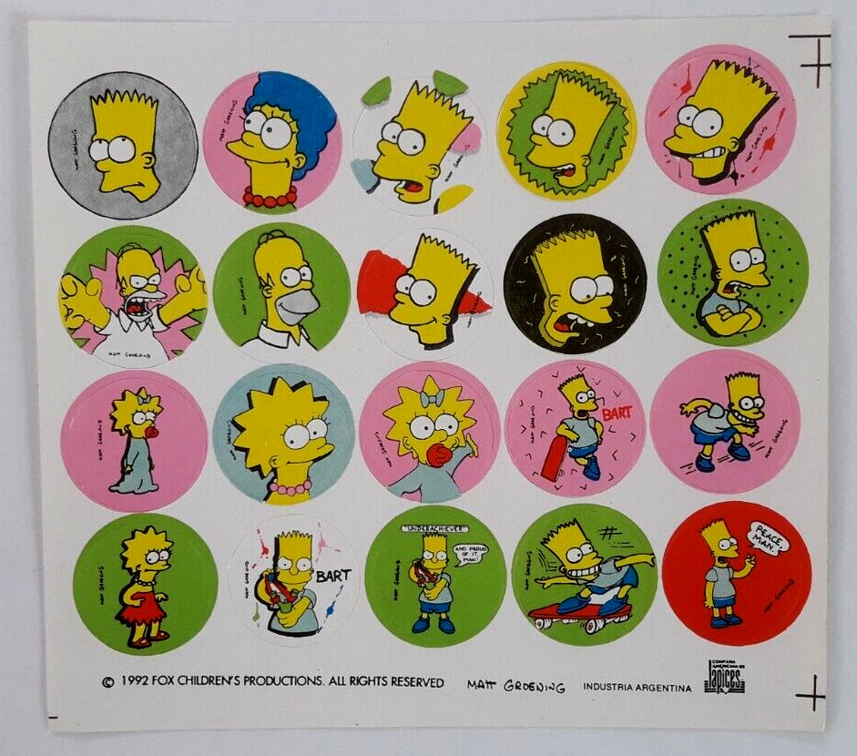1992 Argentina The Simpsons Stickers Set Complete Sheet Rare Vintage Disc Cards