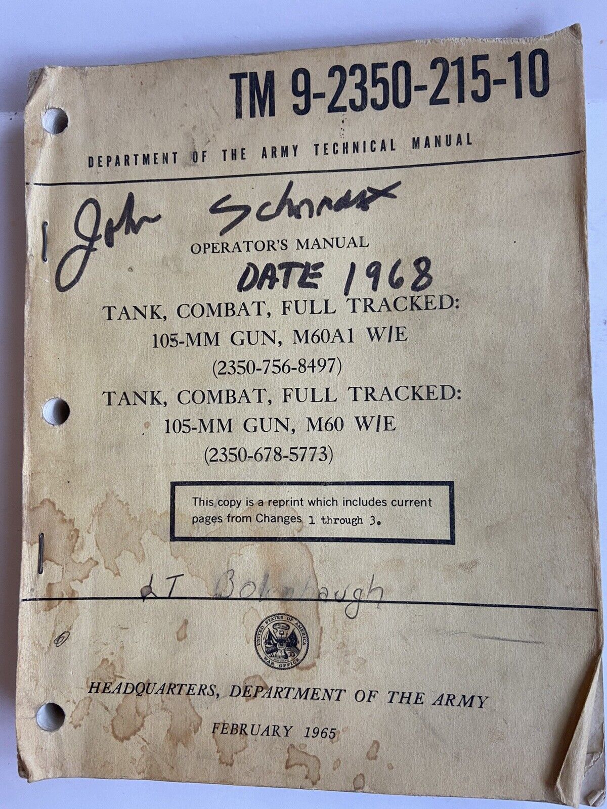 1965 Army Technical Manual TM 9-2350-215-10 Tank 105mm, M60 W/E TANK FULL TRACK 
