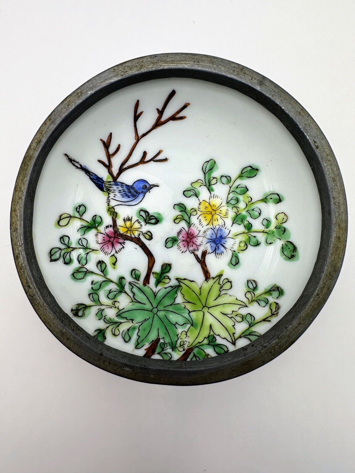Japanese Porcelain Ware Pewter Encased Bowl Hong Kong T.F.F. Hand Painted Bird
