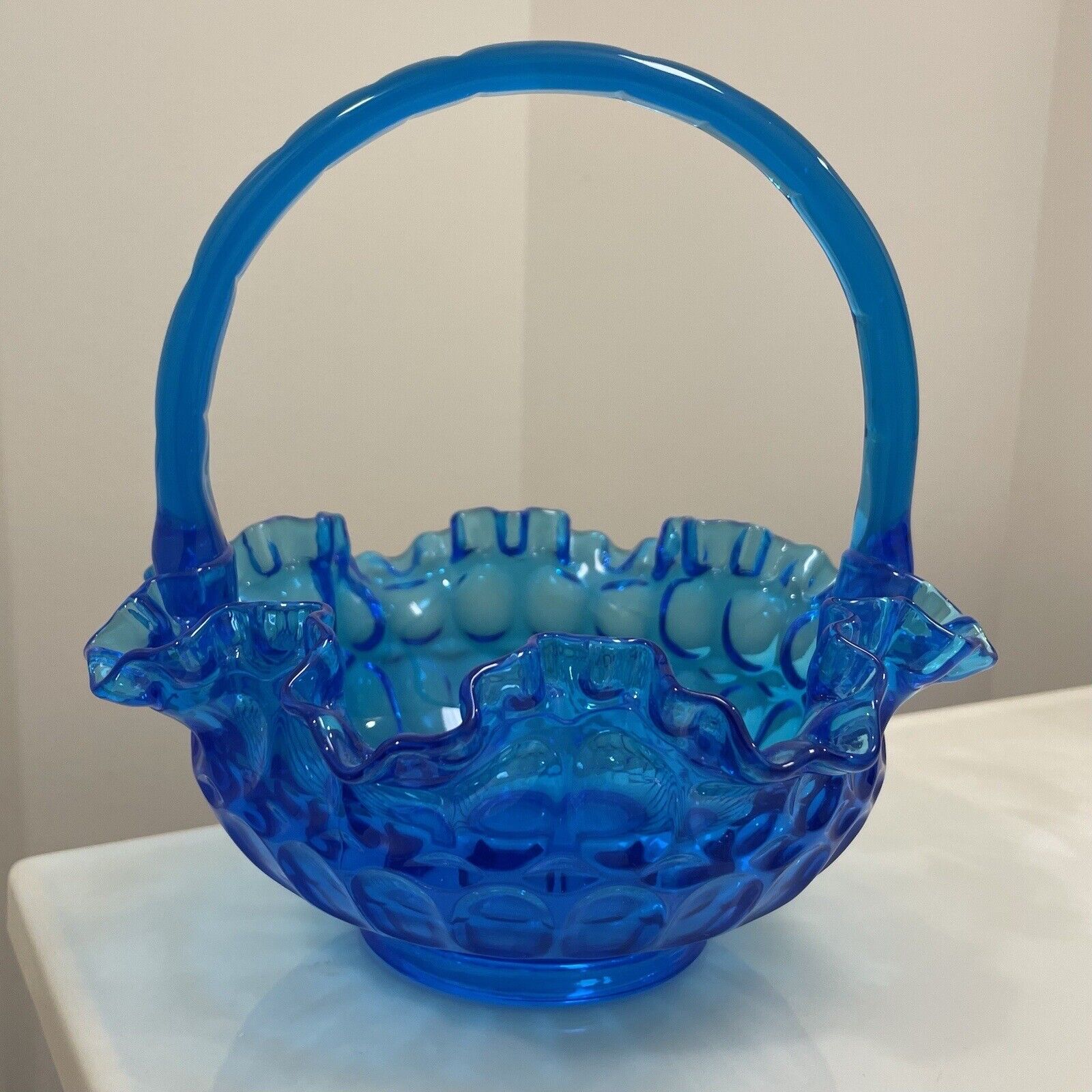 Fenton Art Glass Basket Colonial Blue Thumbprint Ruffled 8\