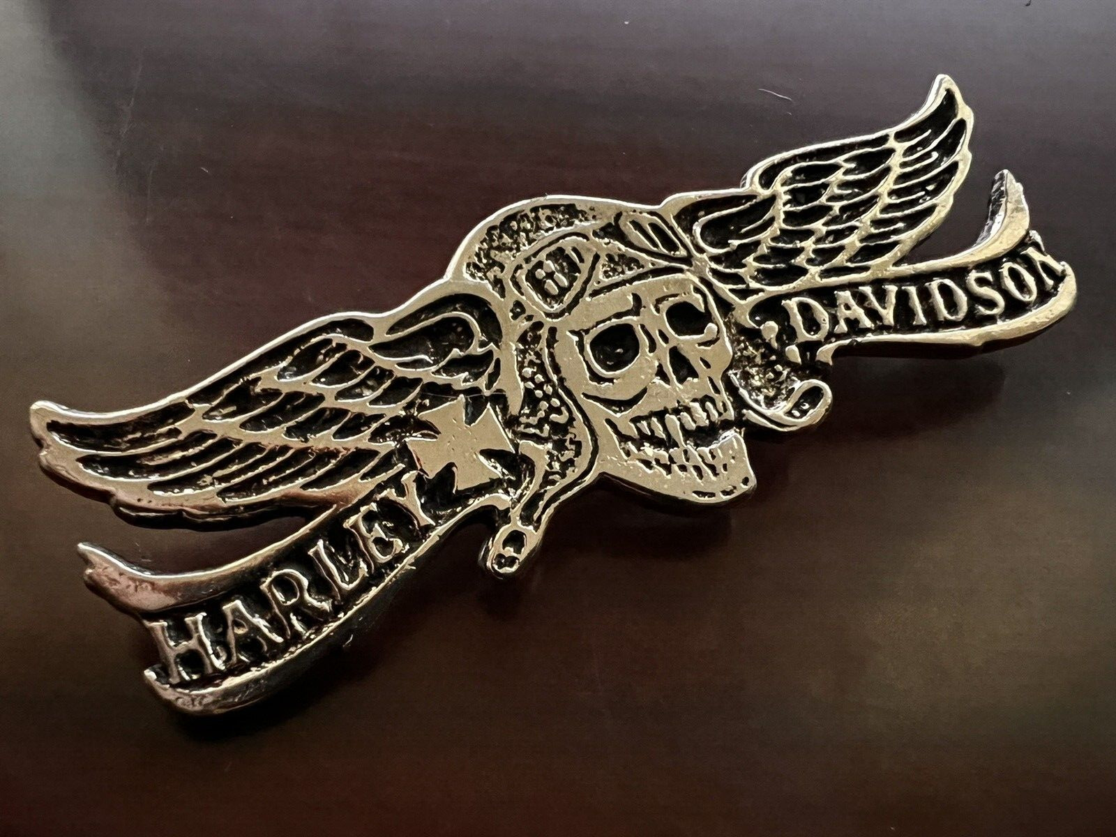1975 Vintage Harley Davidson Motorcycle Aviator Skull Pin Factory HD Vest Jacket