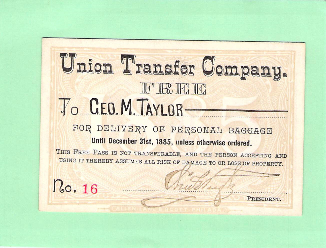 1885 UNION TRANSFER BAGGAGE CAPE MAY WASH BALT  LOW # 16  RAILROAD RAILWAY PASS
