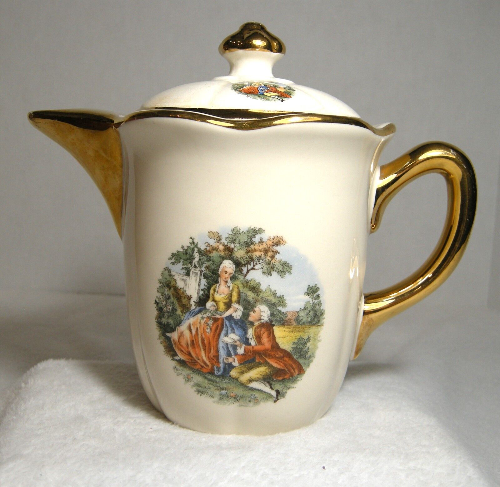 Vintage Colonial Courting Couple Teapot Warranted 22K Gold