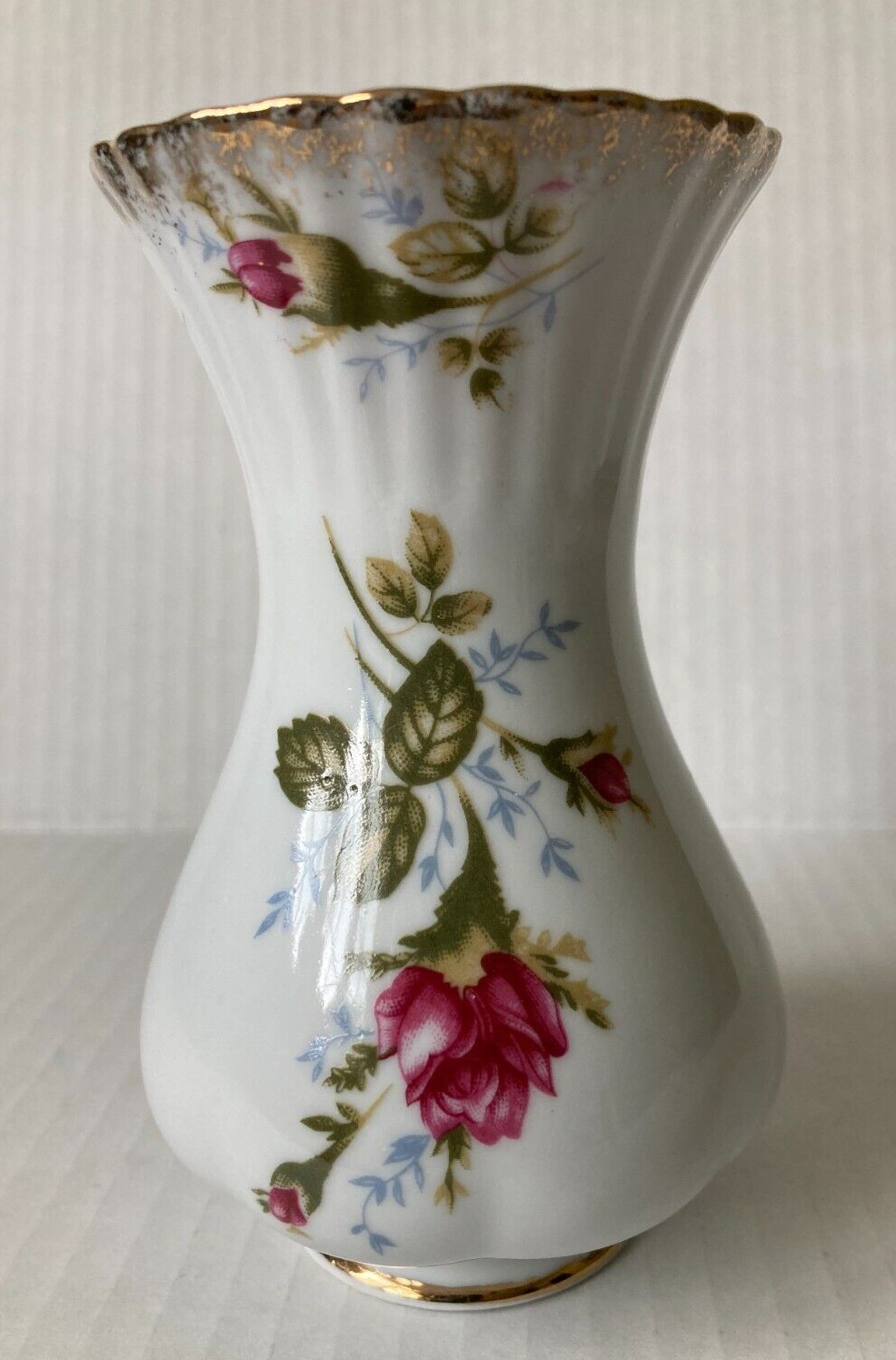 Chodziez Discontinued China Rose Bud Vase with Gold Trim Stamped Poland