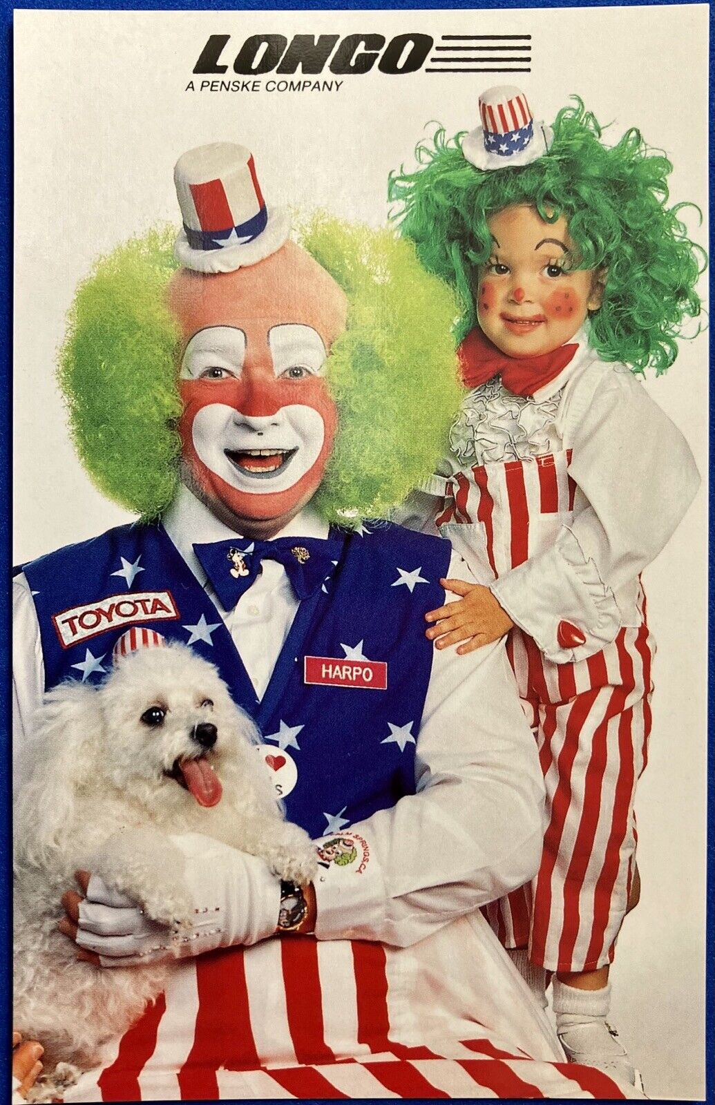 LONGO TOYOTA ~ HARPO the CLOWN & KAYLIN BRITTNI ~ advertising postcard ~ 1980s