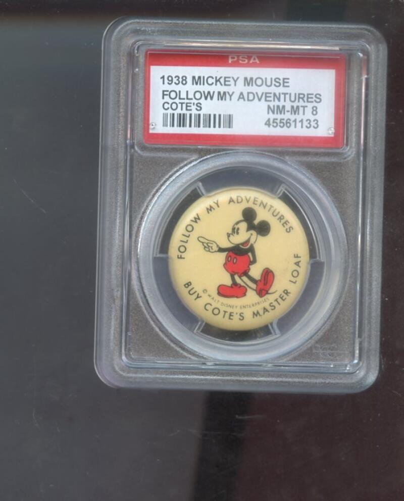 1938 Mickey Mouse Follow My Adventures Cote\'s Pin Button PSA Graded Walt Disney