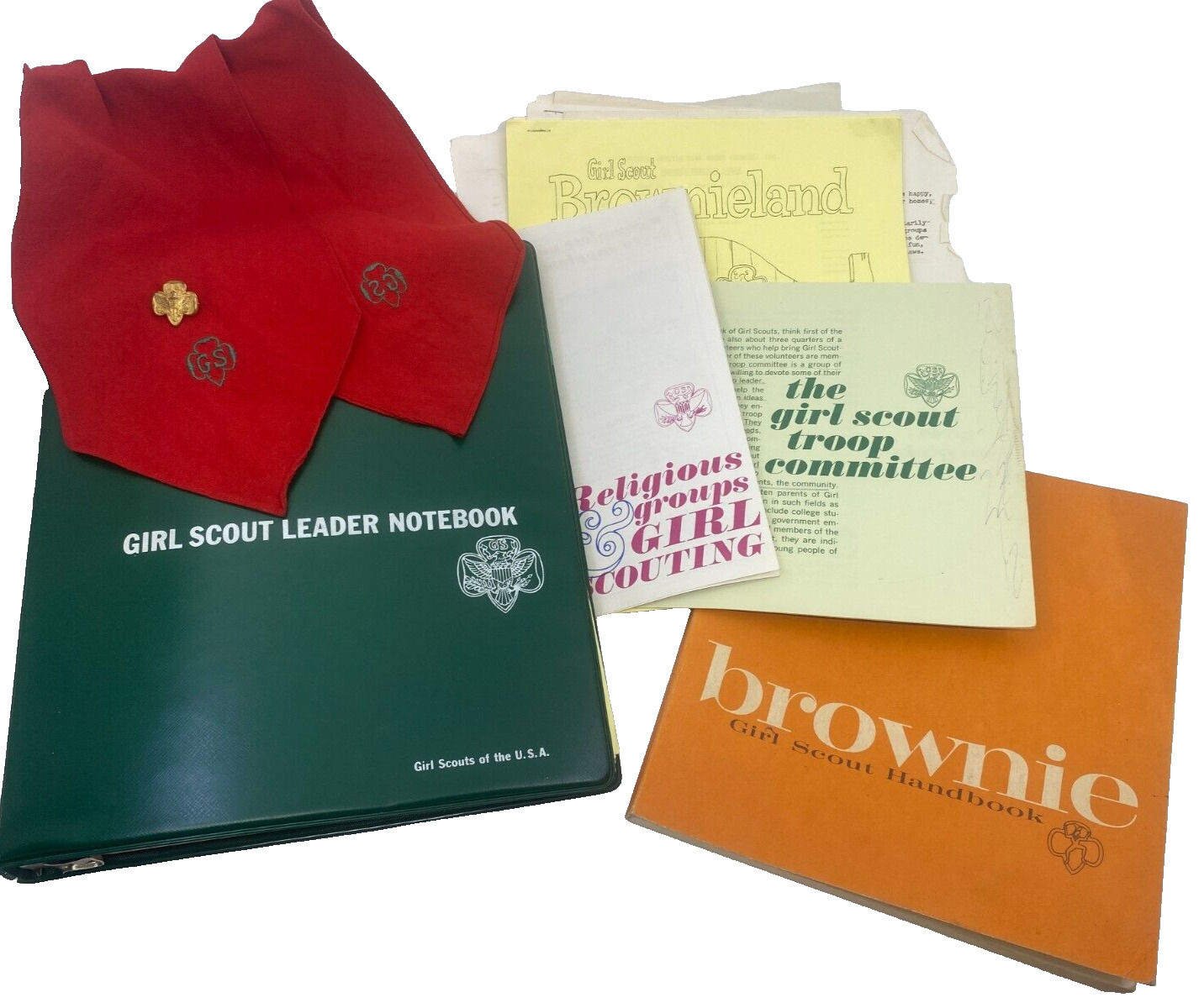 Vintage 1960s Girl Scout Brownie Lot Leader Notebook Brownie Handbook Sash Pin