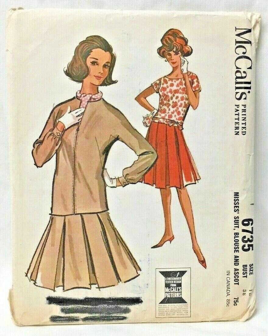 1963 McCalls Sewing Pattern 6735 Womens Suit Blouse Ascot Sz 18 Vintg UNCUT 2864