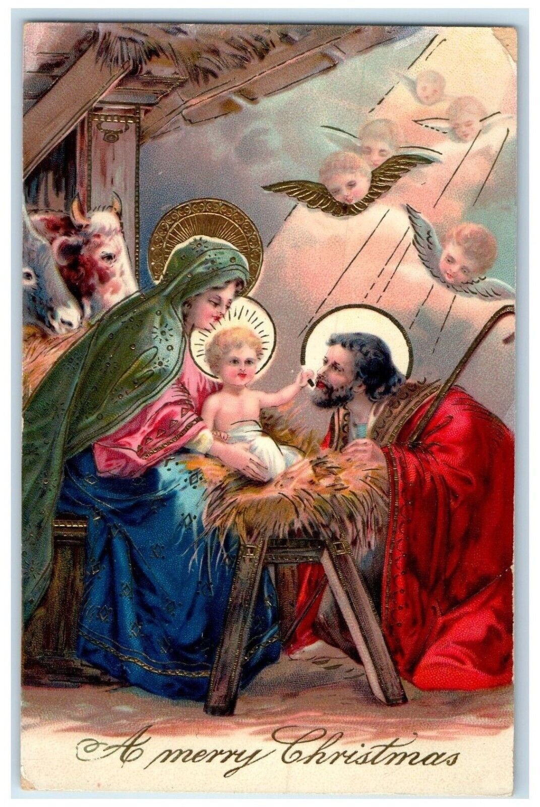 c1910\'s Merry Christmas Religious Angels Head Gel Gold Gilt Antique Postcard