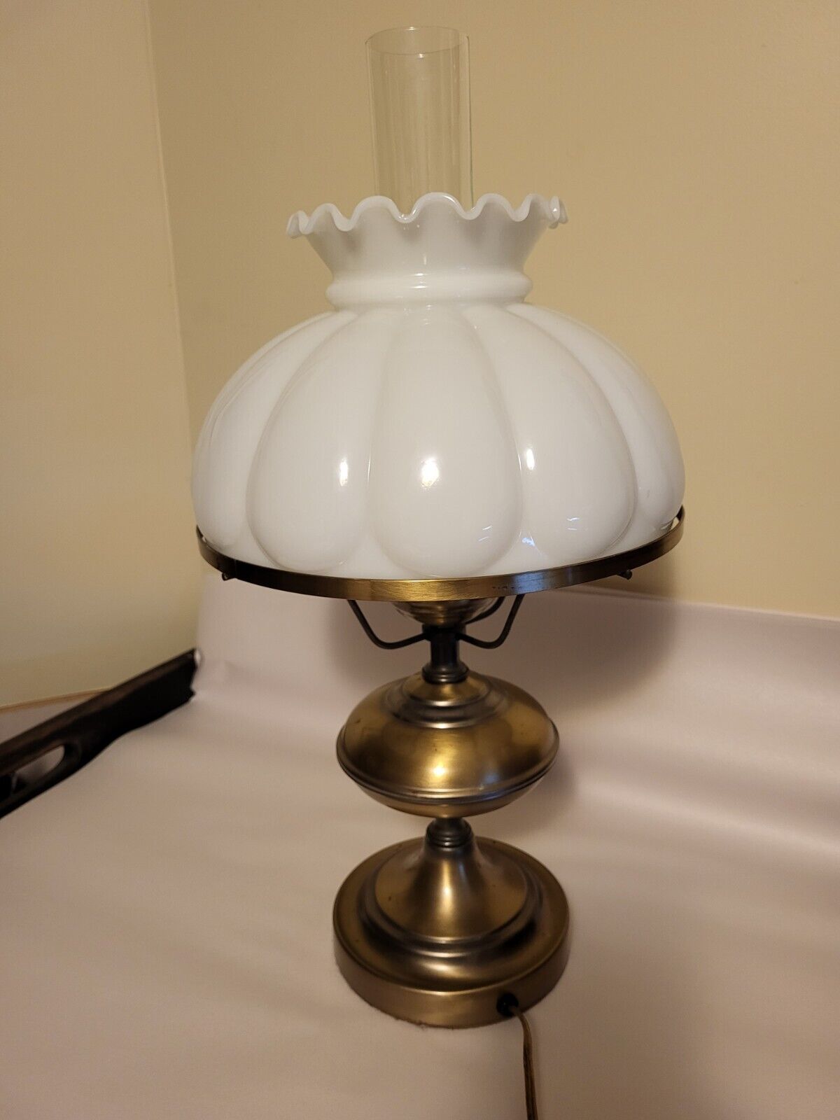 Vintage Brass Parlor Hurricane Table Lamp w/White Milk Glass Shade, Chimney