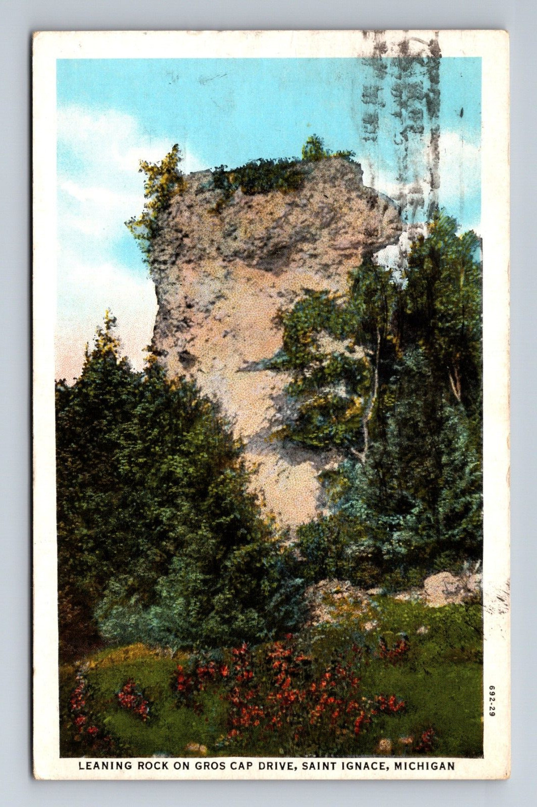 Leaning Rock on Gros Cap Drive Saint Ignace Michigan Postcard c1933