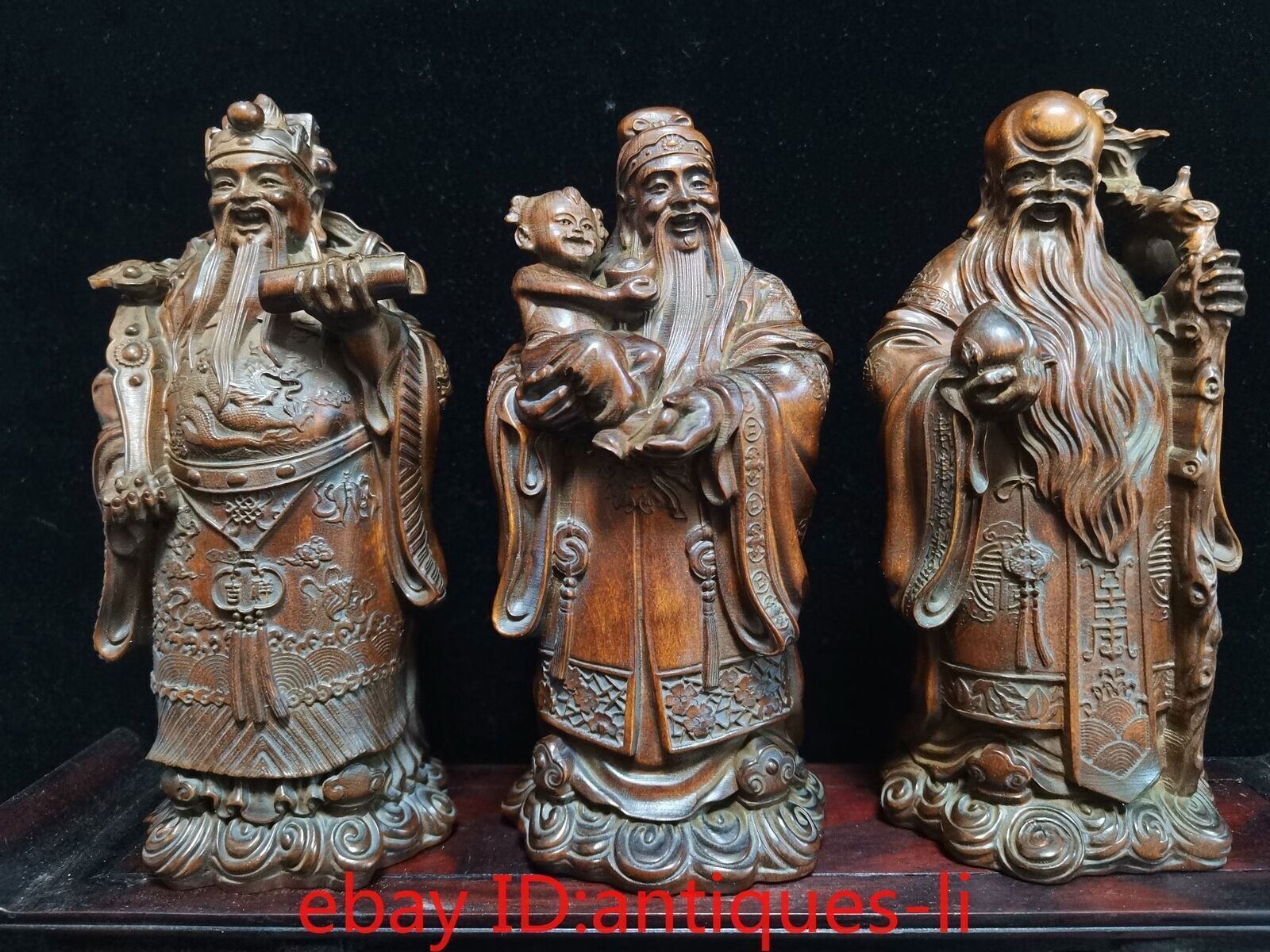 A Set of Chinese Antique Boxwood Hand-carved Statues of Fortuna and Shou