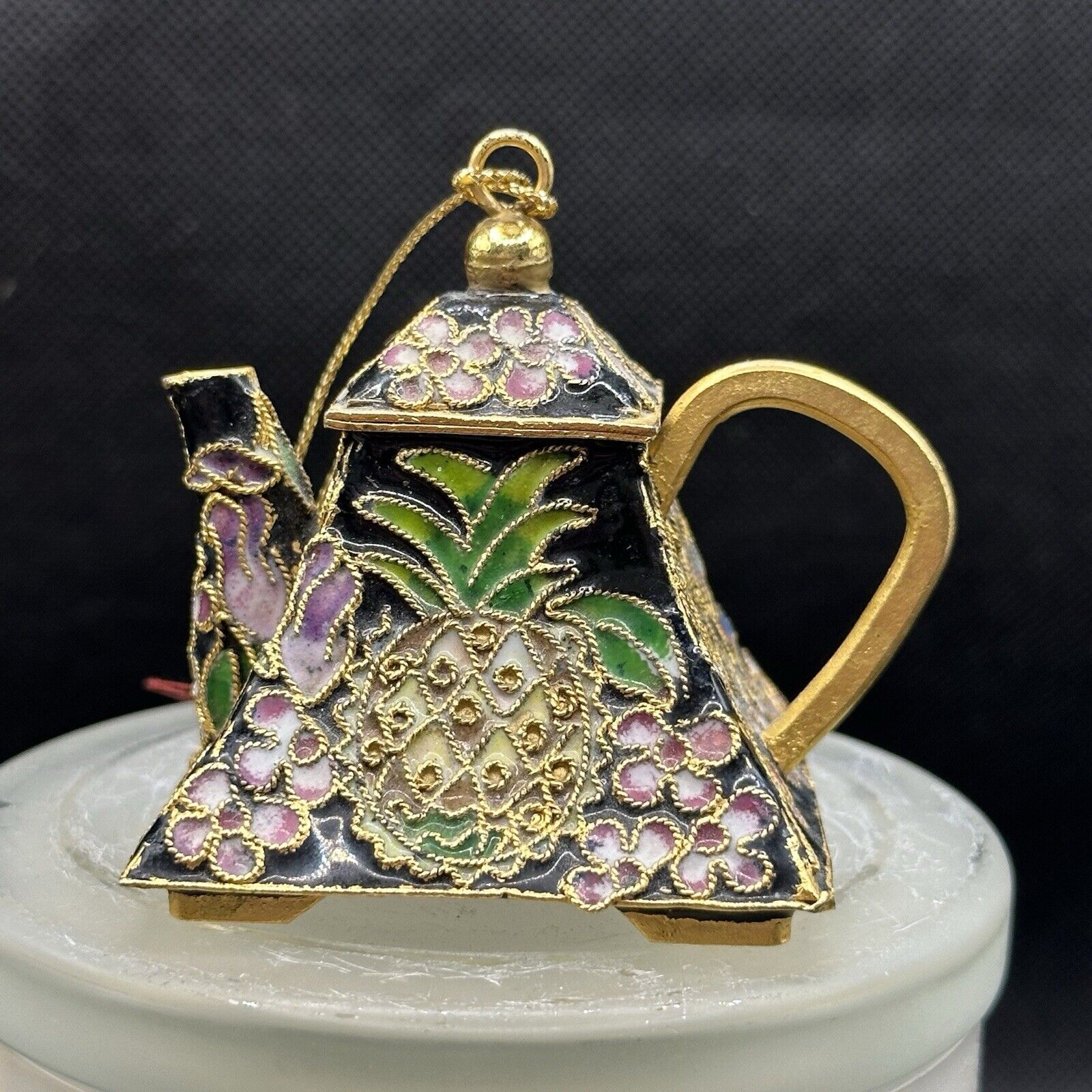 Vintage Black Cloisonné Teapot Ornament Enamel Pineapples Gold Handle & Spout